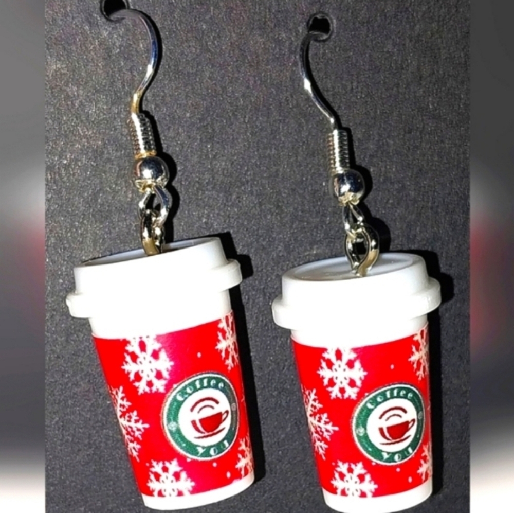 Holiday coffee cup hand crafted dangle earrings For kids And Adults